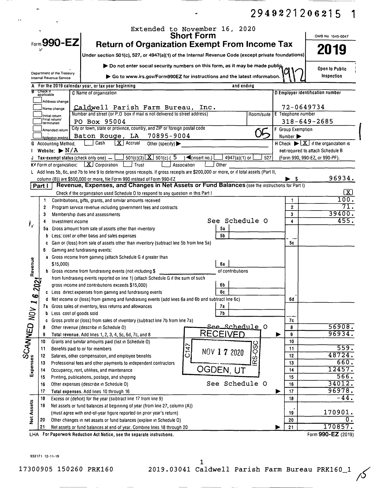 Image of first page of 2019 Form 990EO for Caldwell Parish Farm Bureau