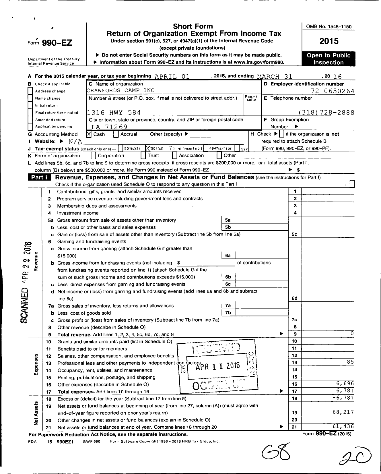 Image of first page of 2015 Form 990EO for Crawfords Camp