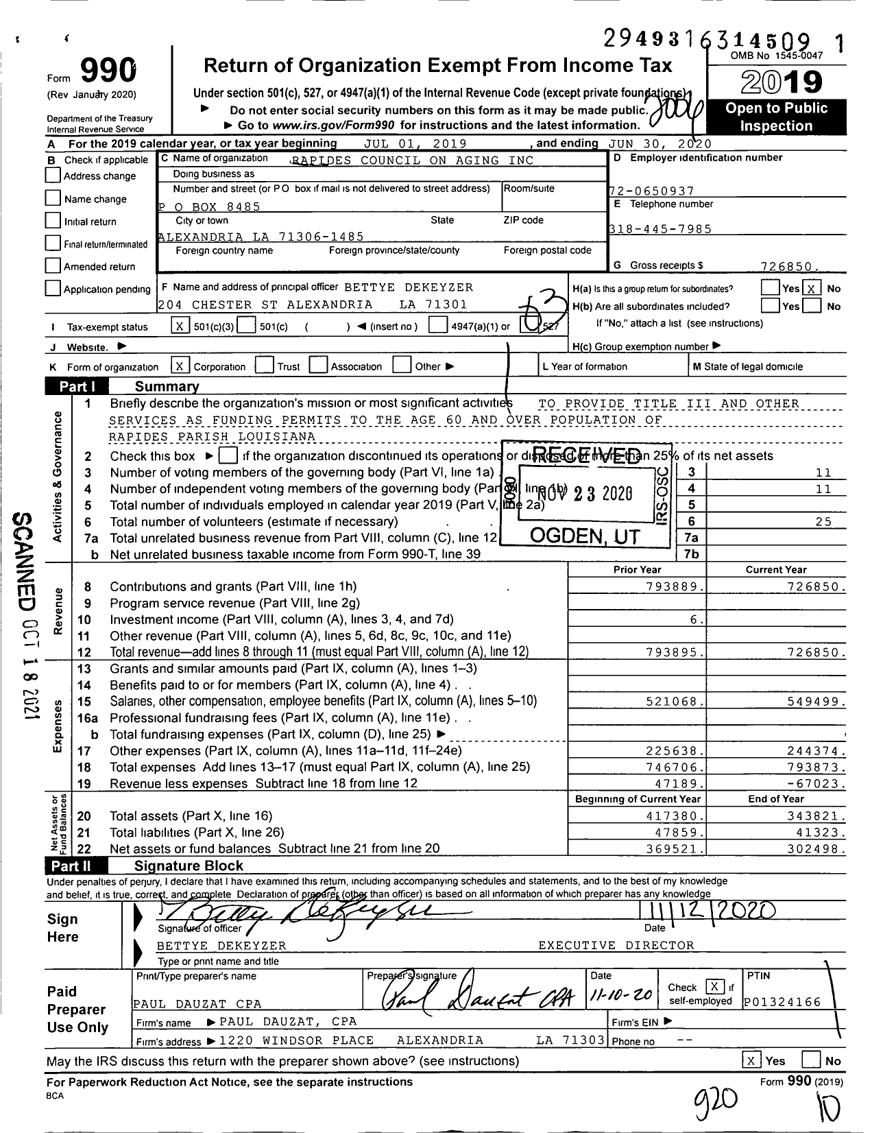 Image of first page of 2019 Form 990 for Rapides Council on Aging