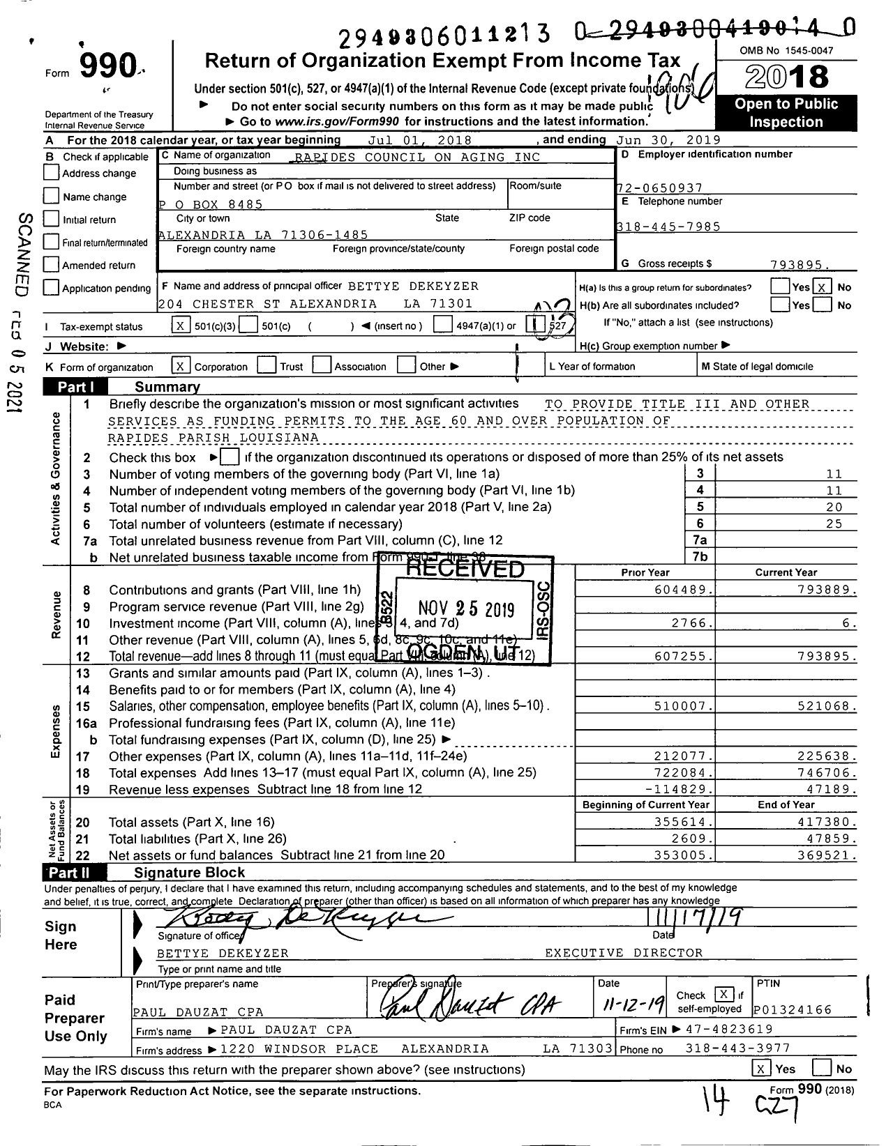 Image of first page of 2018 Form 990 for Rapides Council on Aging