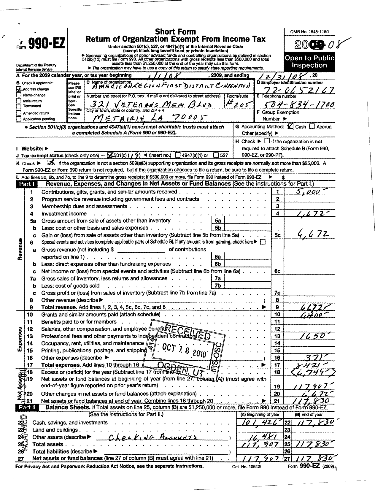 Image of first page of 2008 Form 990EO for American Legion 1st District Conven