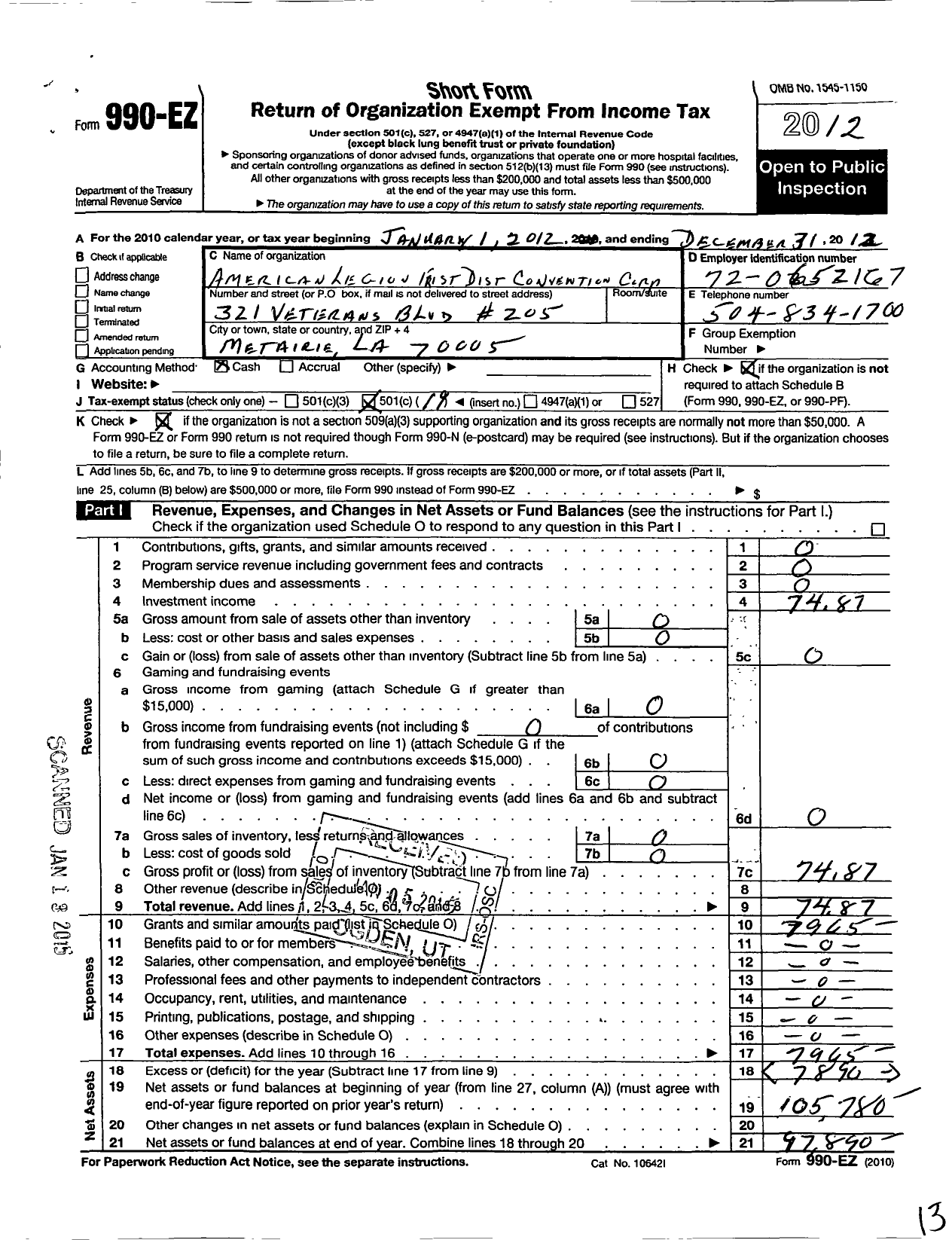 Image of first page of 2012 Form 990EO for American Legion 1st District Conven