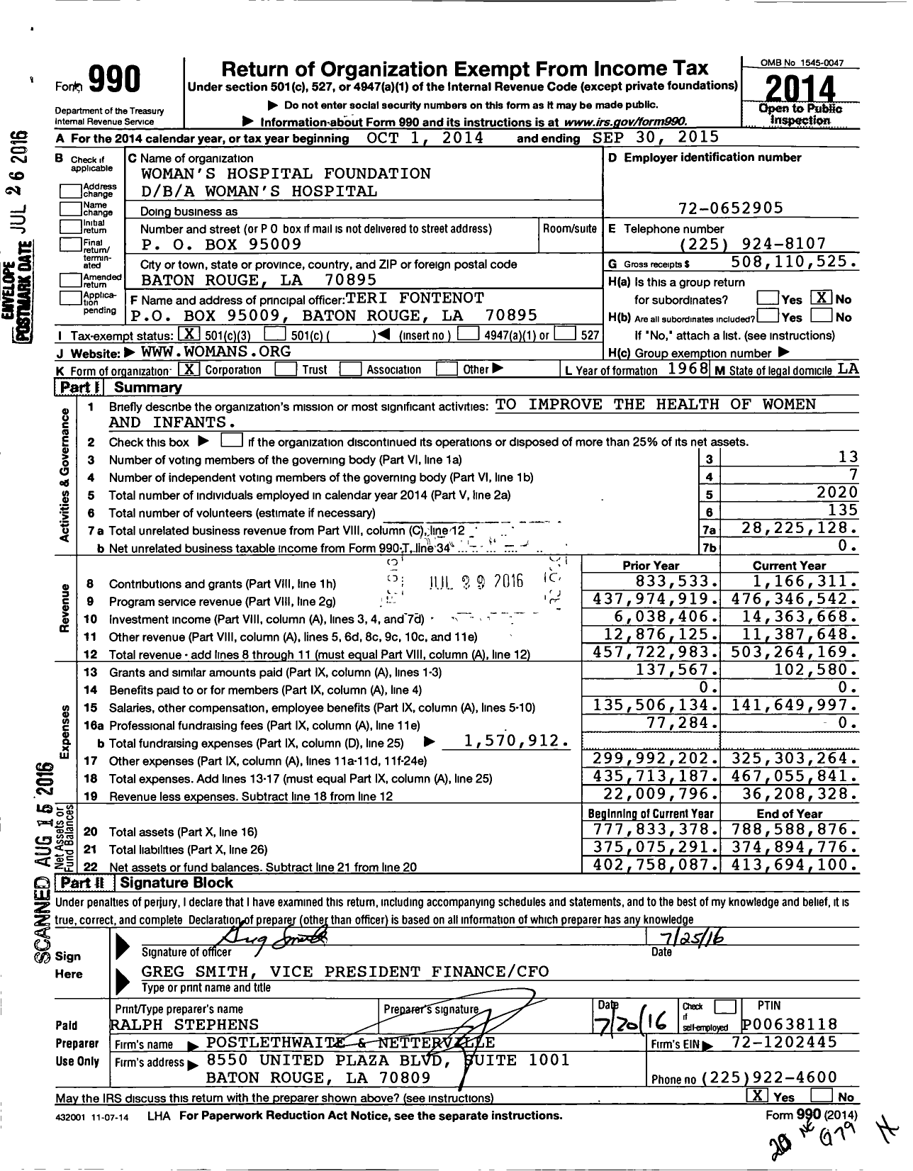 Image of first page of 2014 Form 990 for Woman's Health Foundation