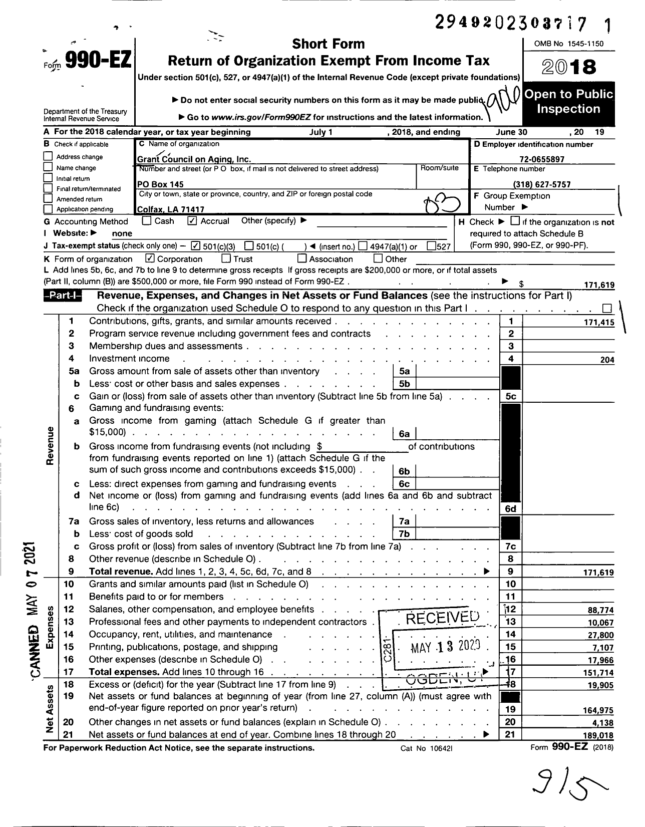 Image of first page of 2018 Form 990EZ for Grant Council on Aging