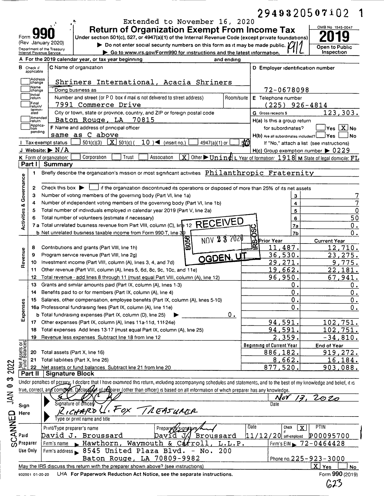 Image of first page of 2019 Form 990O for Ancient Arabic Order of the Nobles Acacia Temple