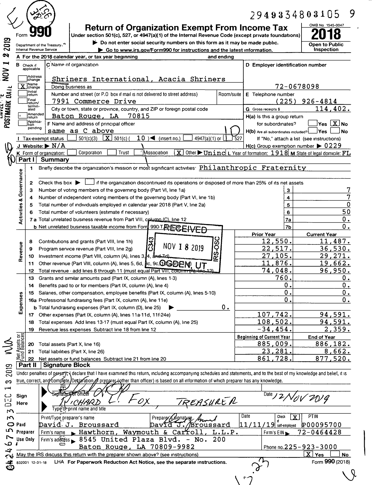 Image of first page of 2018 Form 990O for Ancient Arabic Order of the Nobles Acacia Temple