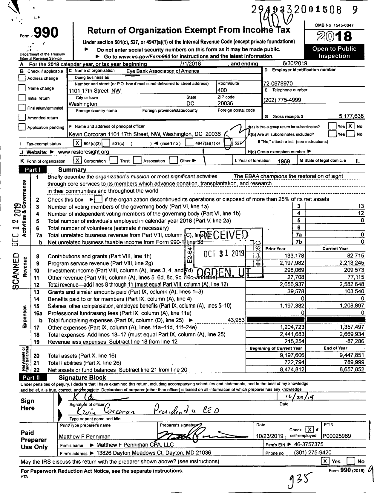 Image of first page of 2018 Form 990 for Eye Bank Association of America (EBAA)