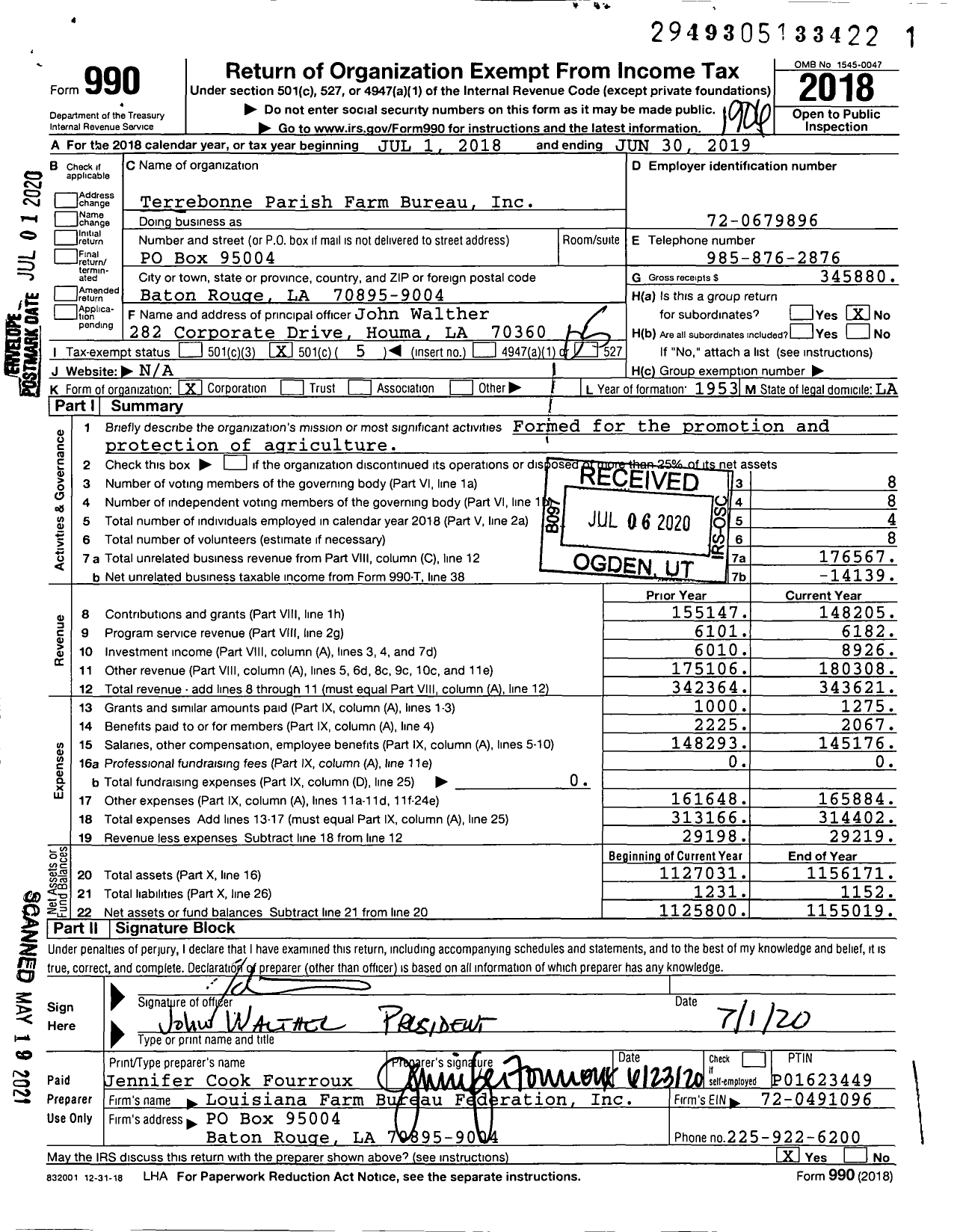 Image of first page of 2018 Form 990O for Terrebonne Parish Farm Bureau