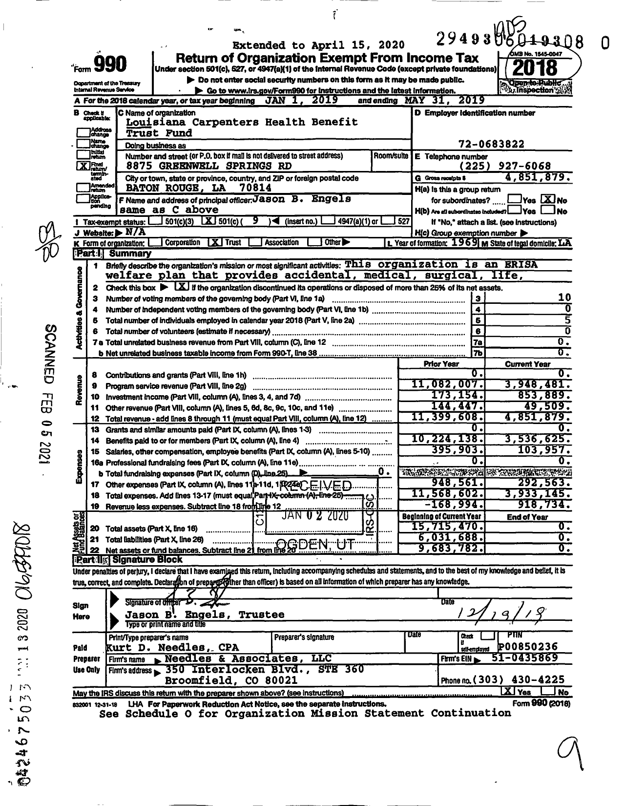 Image of first page of 2018 Form 990O for Louisiana Carpenters Health Benefit Trust Fund
