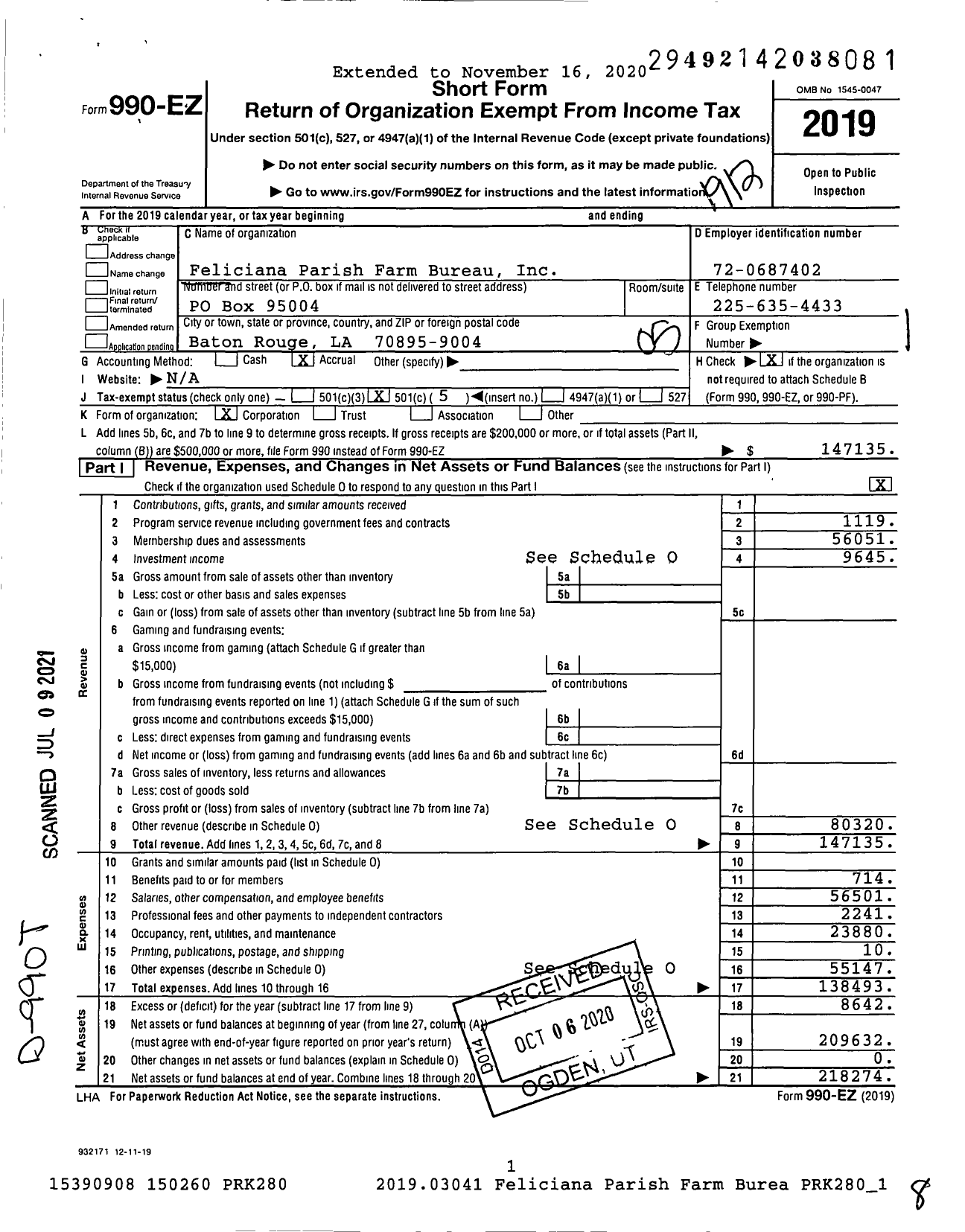 Image of first page of 2019 Form 990EO for Feliciana Parish Farm Bureau