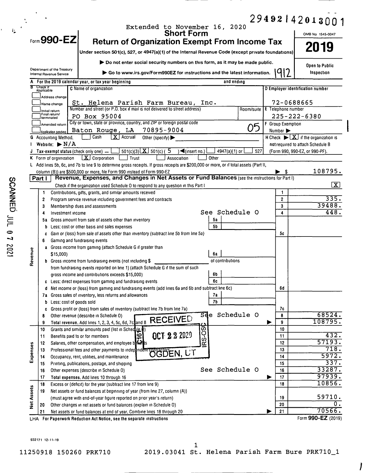 Image of first page of 2019 Form 990EO for St Helena Parish Farm Bureau