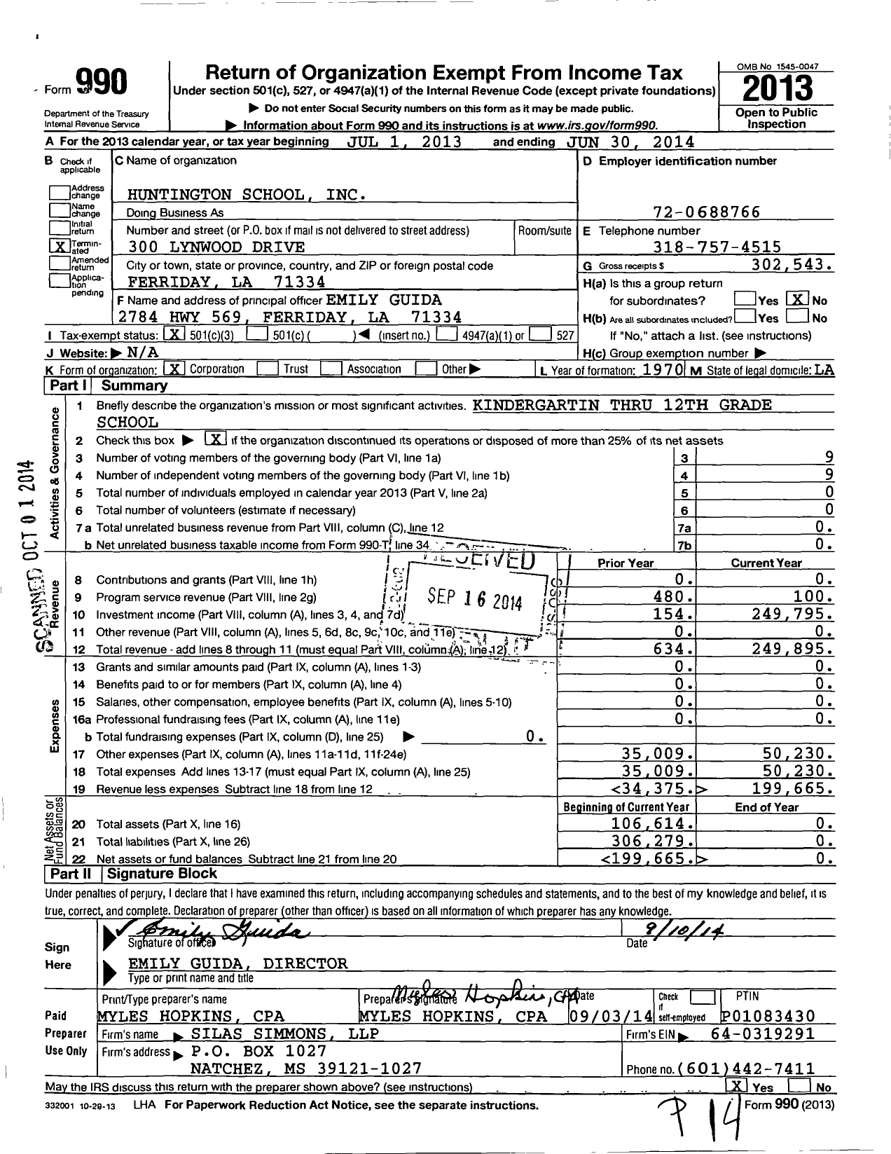 Image of first page of 2013 Form 990 for Huntington School