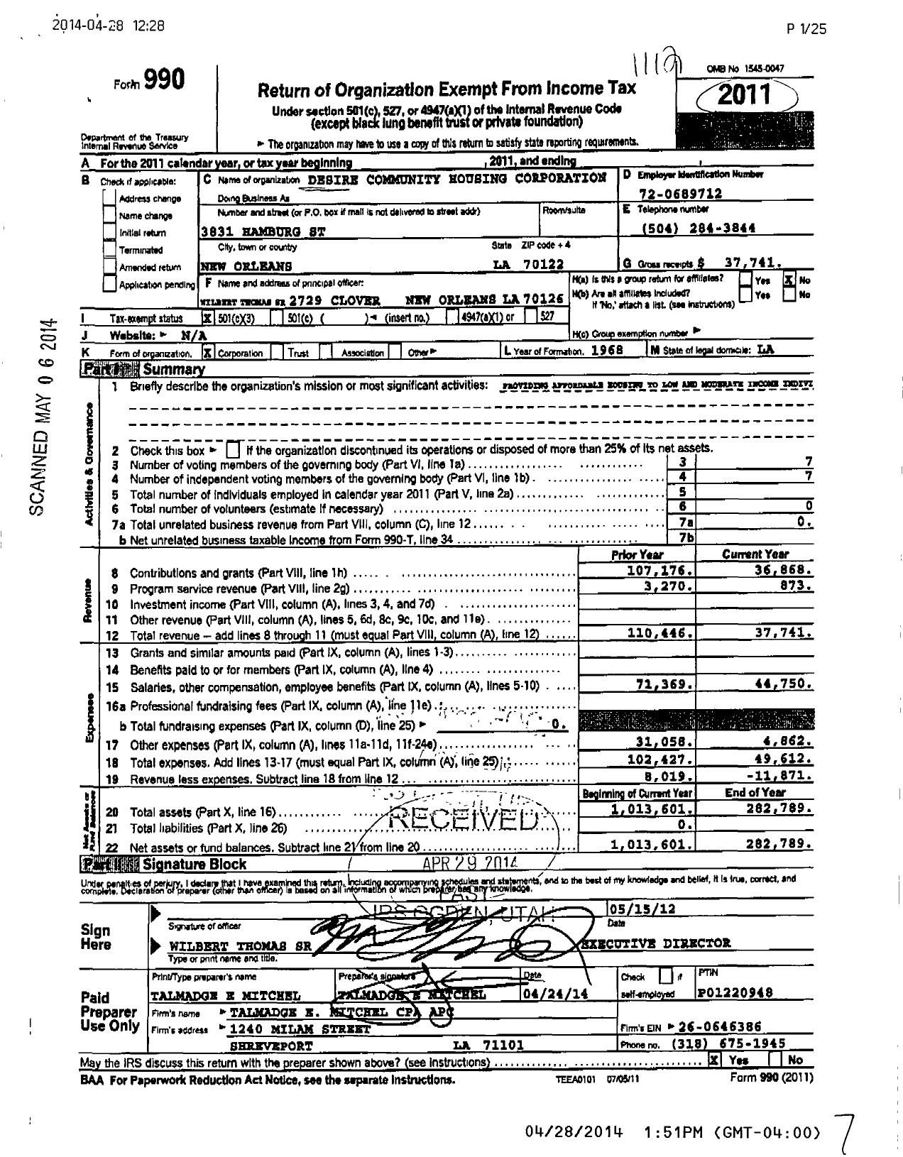 Image of first page of 2011 Form 990 for Desire Community Housing Corporation