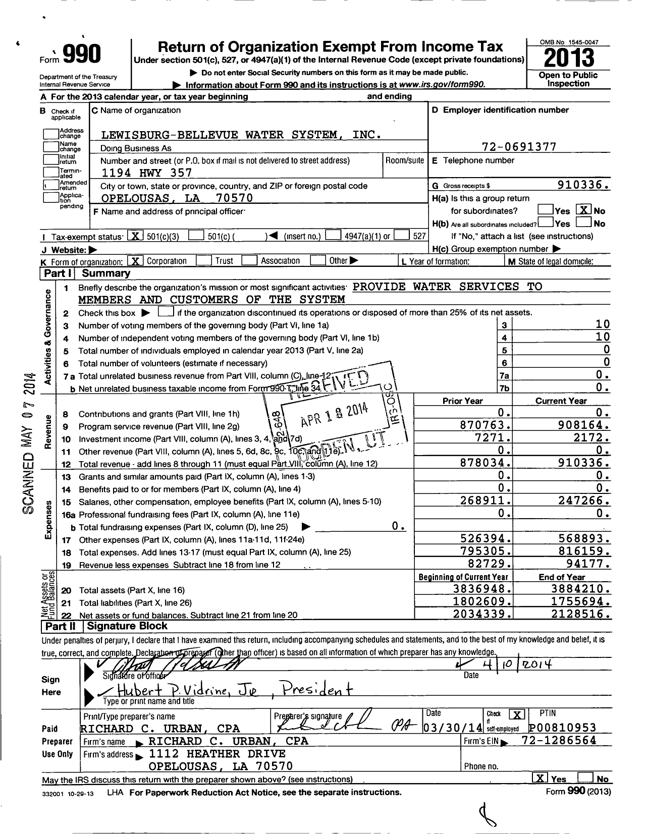 Image of first page of 2013 Form 990 for Lewisburg-Bellevue Water System