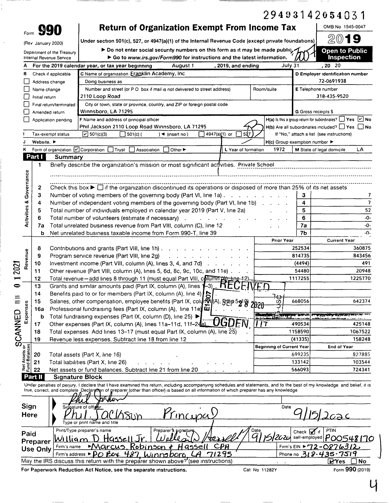 Image of first page of 2019 Form 990 for Franklin Academy