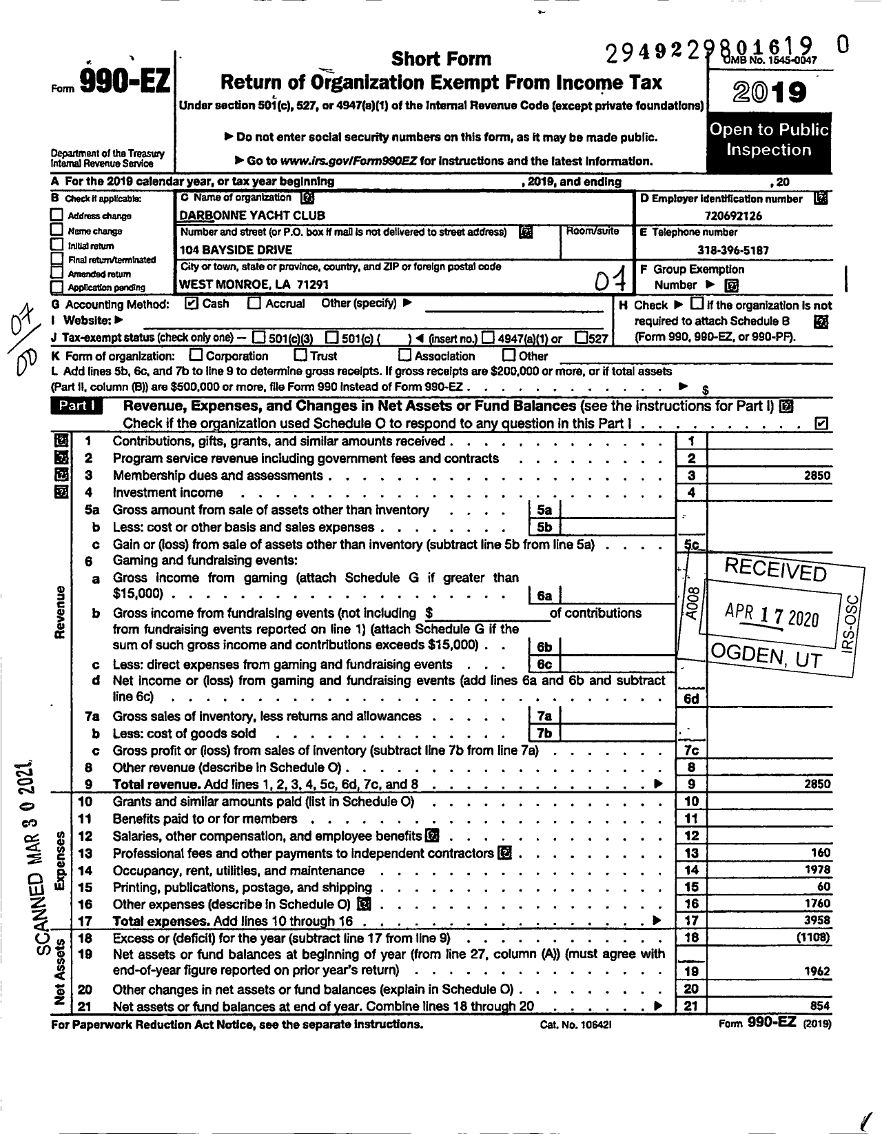 Image of first page of 2019 Form 990EO for Darbonne Yacht Club