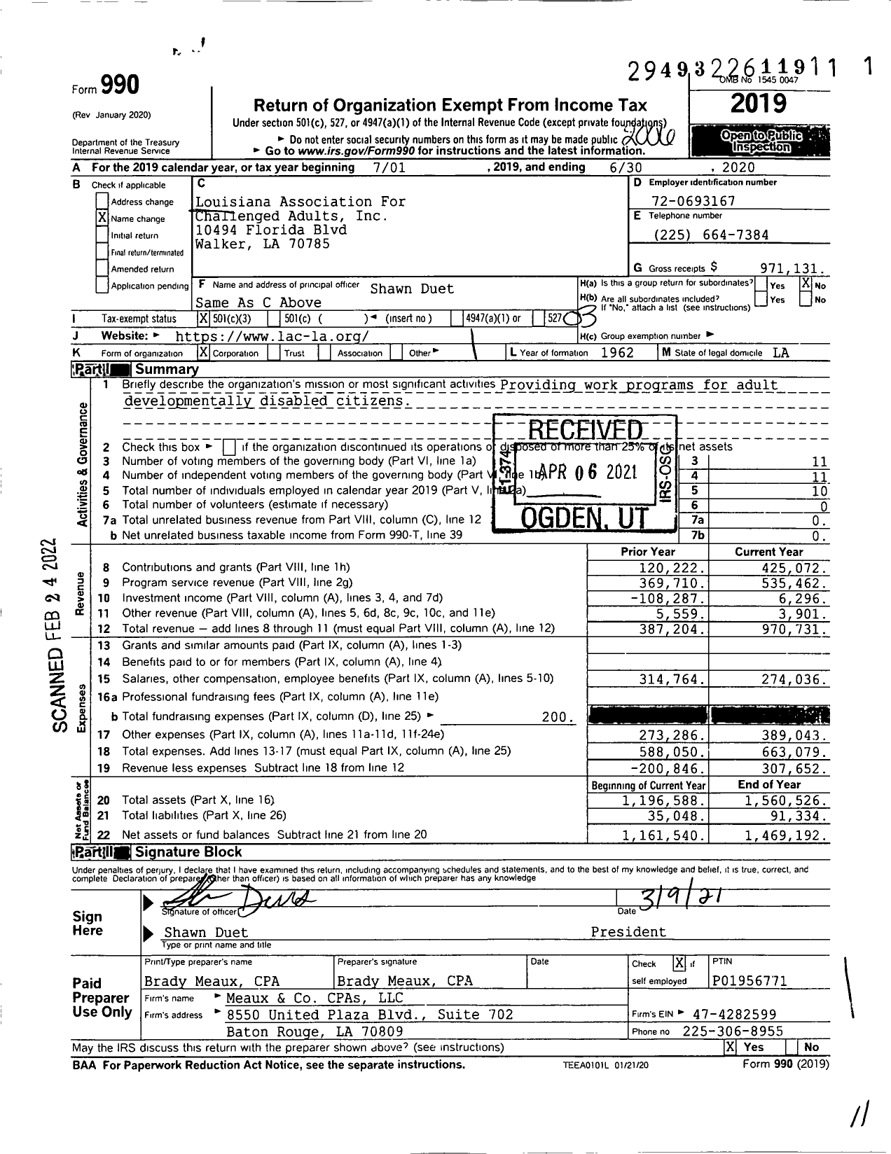 Image of first page of 2019 Form 990 for Louisiana Association For Challenged Adults