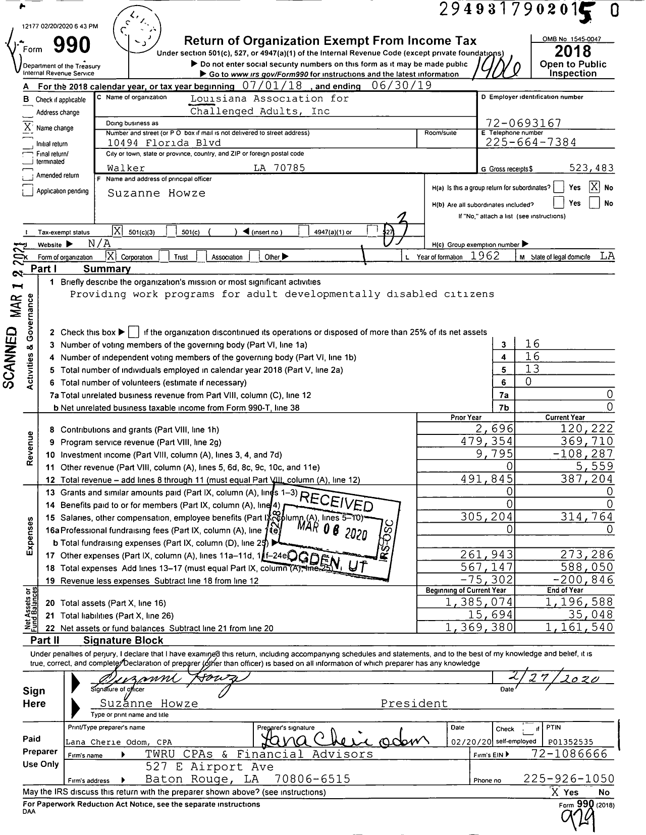 Image of first page of 2018 Form 990 for Louisiana Association For Challenged Adults