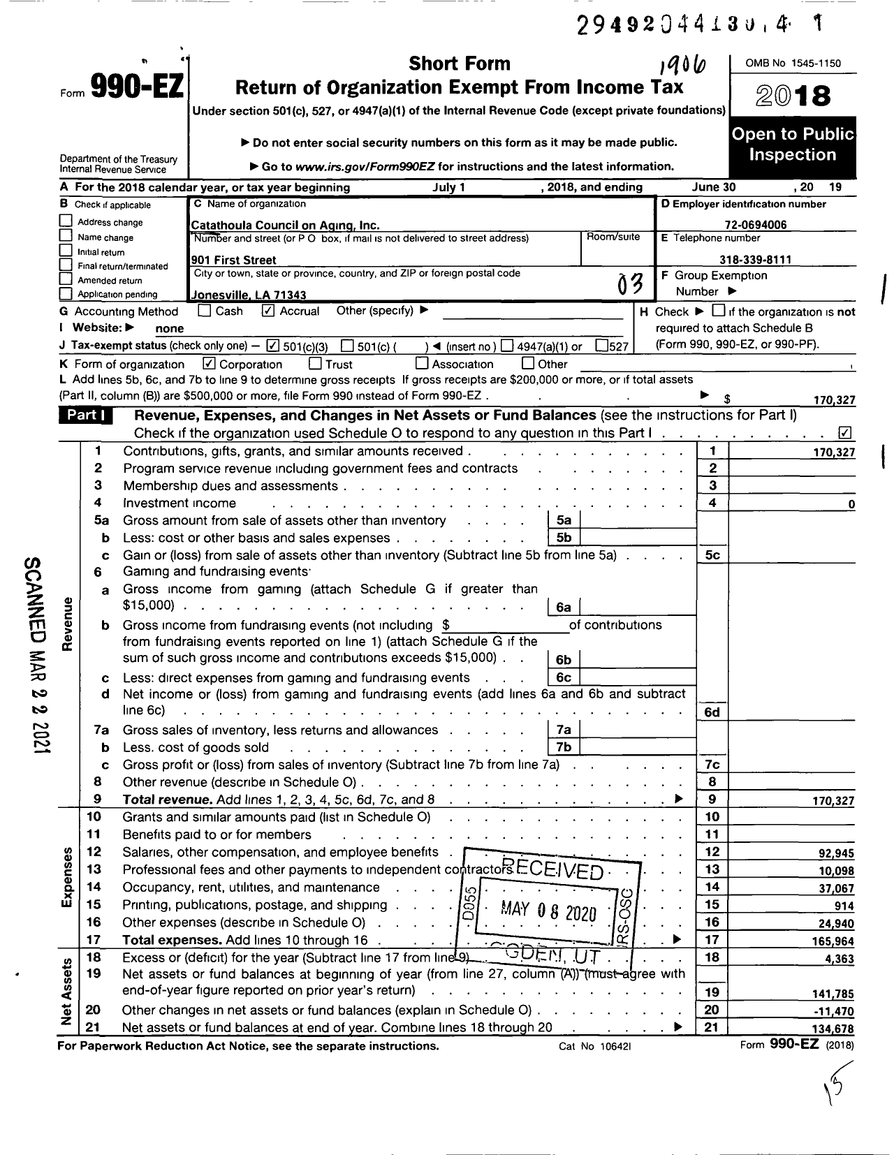 Image of first page of 2018 Form 990EZ for Catahoula Council on Aging