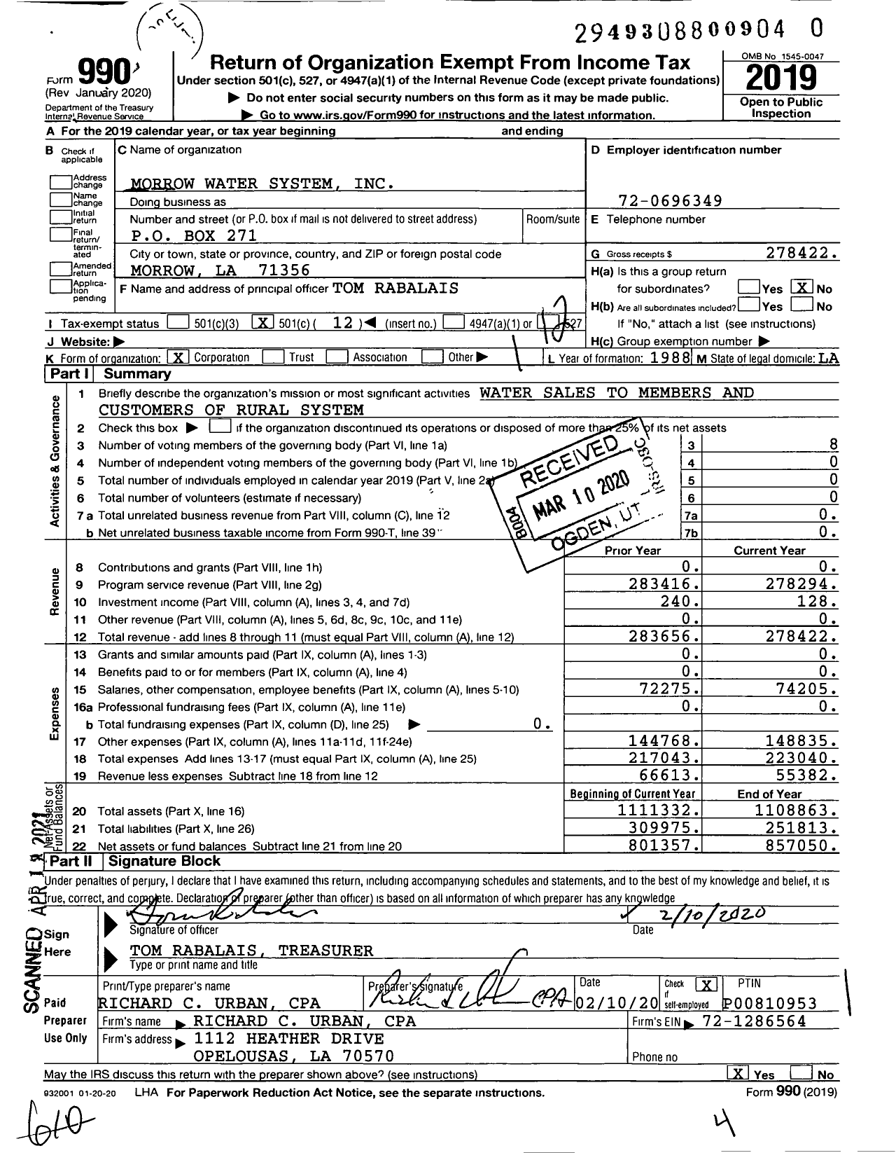 Image of first page of 2019 Form 990O for Morrow Water System