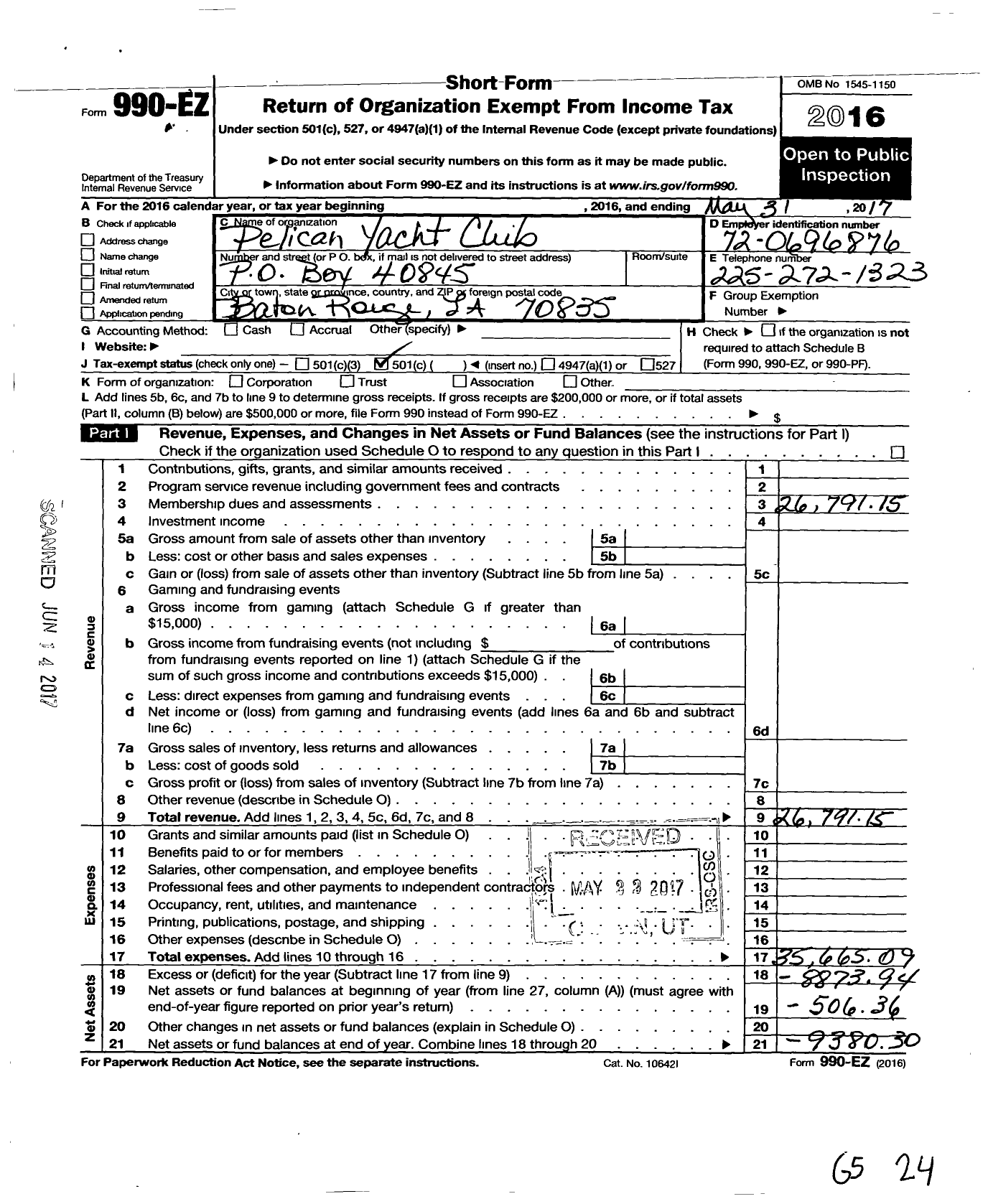 Image of first page of 2016 Form 990EO for Pelican Yacht Club of Baton Rouge