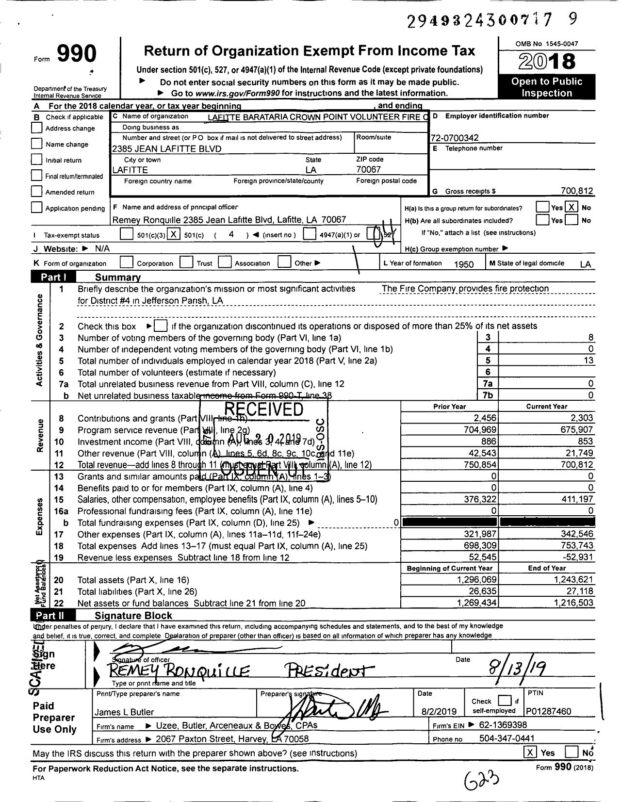Image of first page of 2018 Form 990O for Lafitte Barataria Crown Point Volunteer Fire