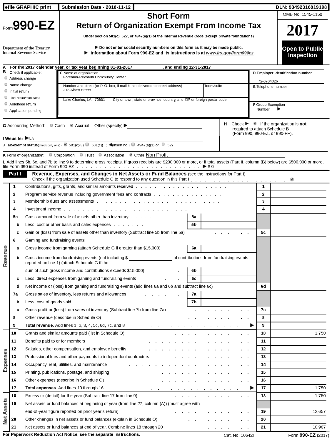 Image of first page of 2017 Form 990EZ for Foreman-Reynaud Community Center