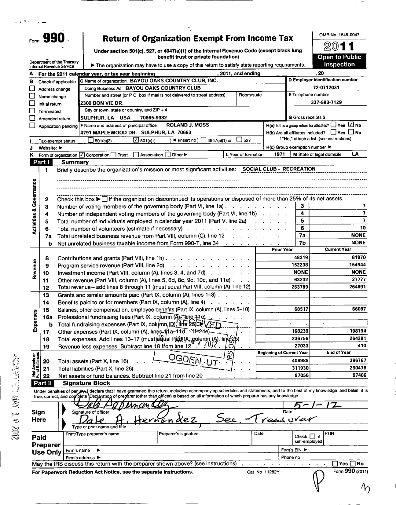 Image of first page of 2011 Form 990O for Bayou Oaks Country Club