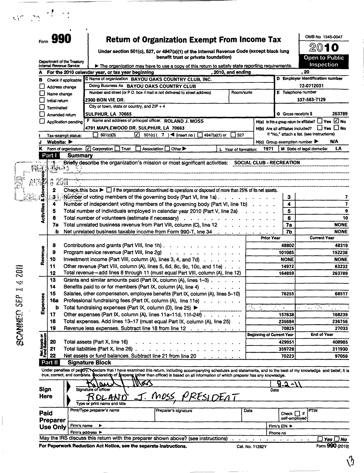 Image of first page of 2010 Form 990O for Bayou Oaks Country Club