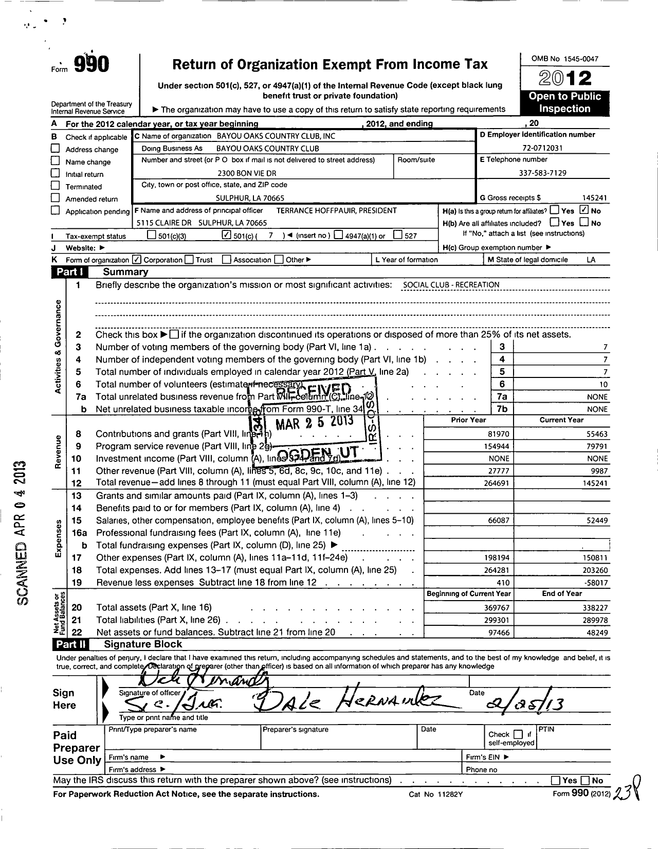 Image of first page of 2012 Form 990O for Bayou Oaks Country Club