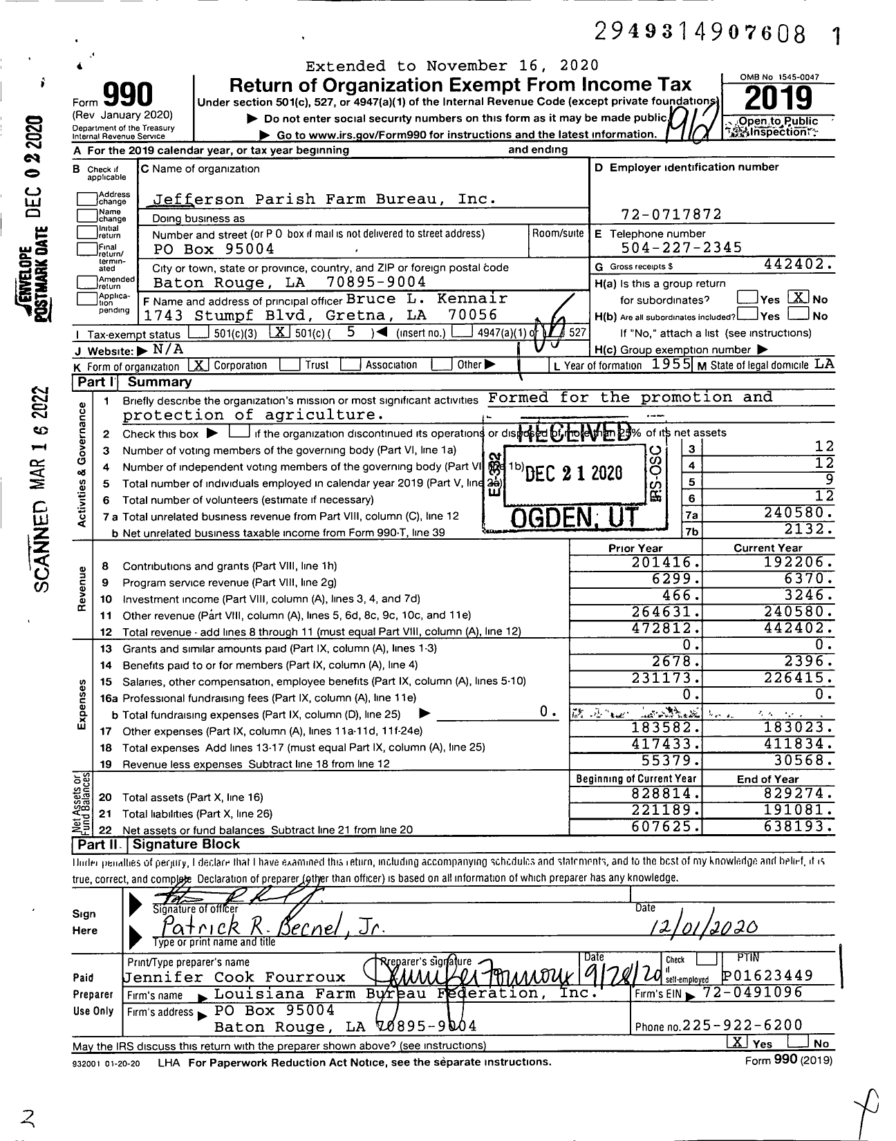 Image of first page of 2019 Form 990O for Jefferson Parish Farm Bureau