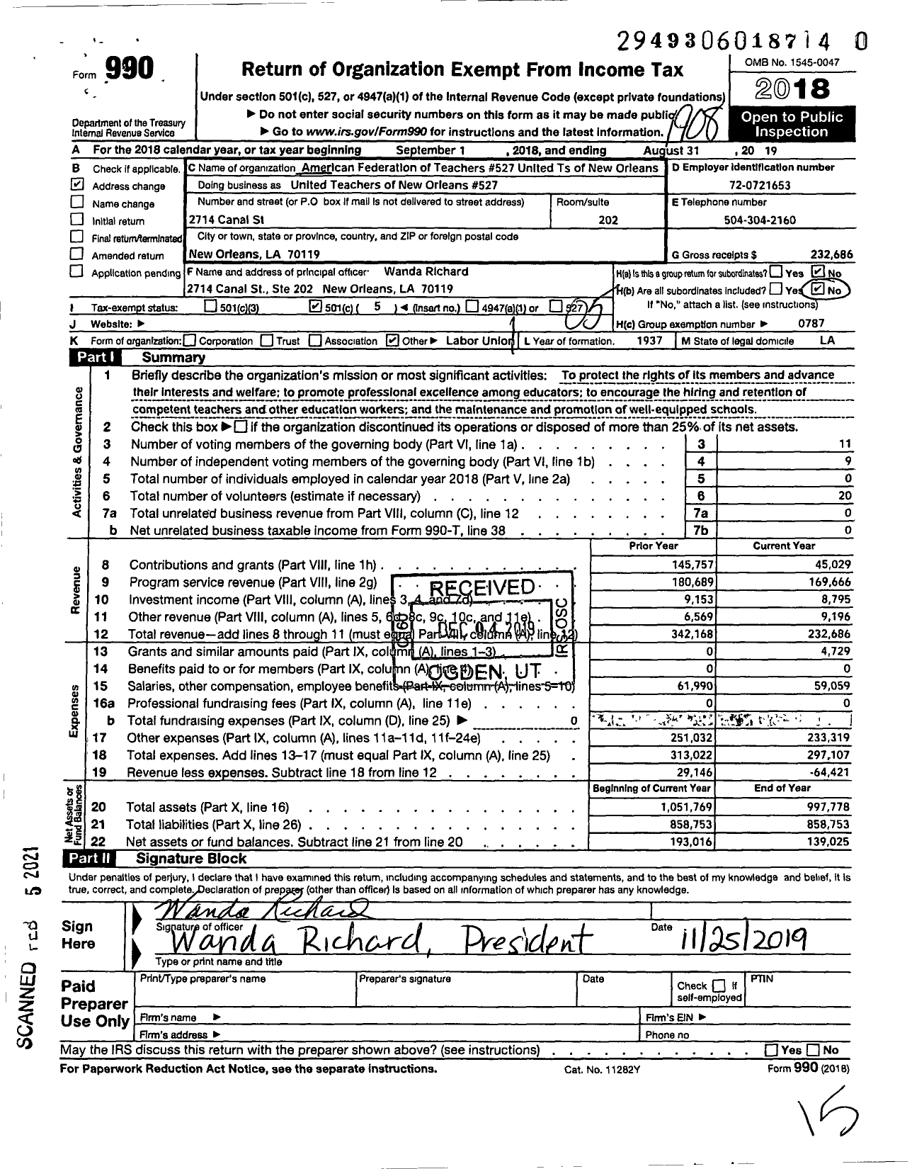 Image of first page of 2018 Form 990O for American Federation of Teachers - United Teachers of New Orleans