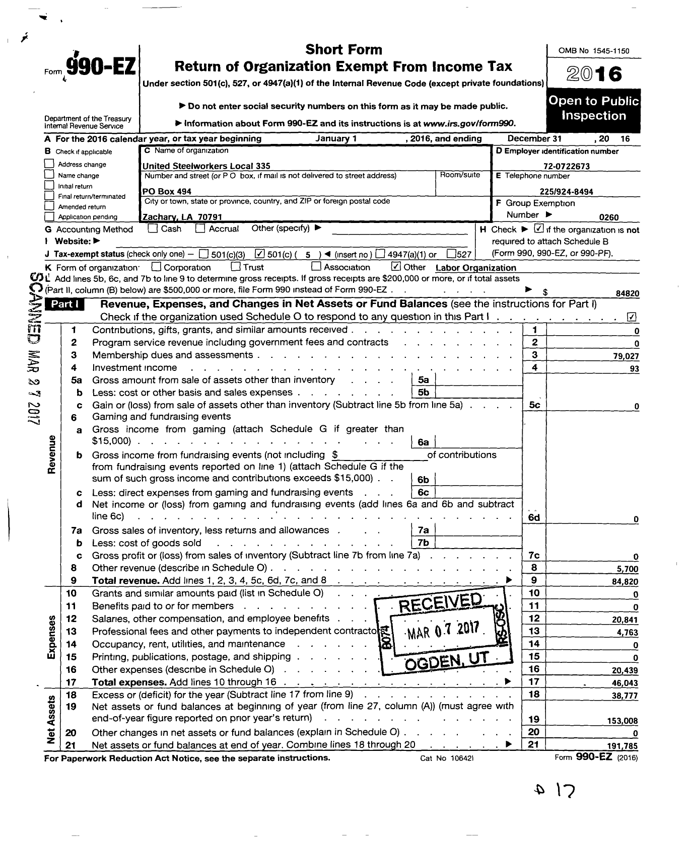 Image of first page of 2016 Form 990EO for United Steelworkers - 00335 Local