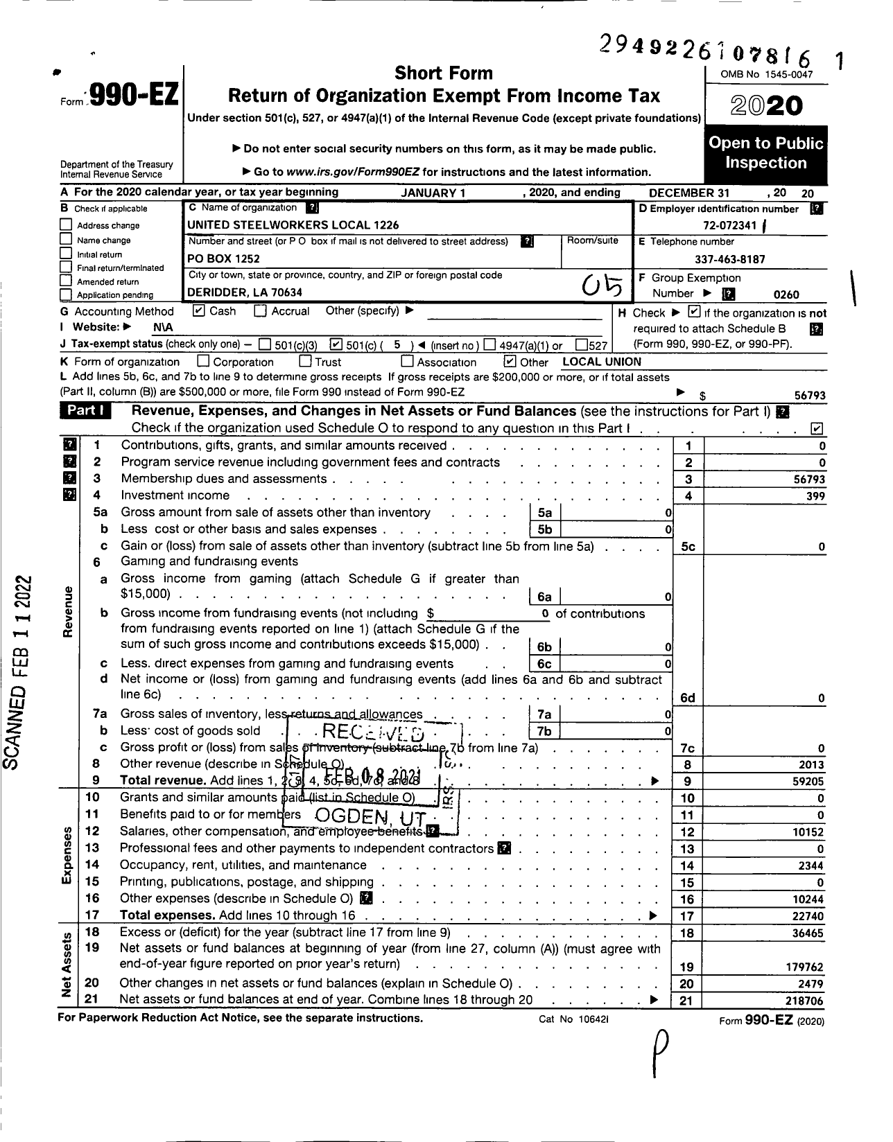 Image of first page of 2020 Form 990EO for United Steelworkers - 01226 Local