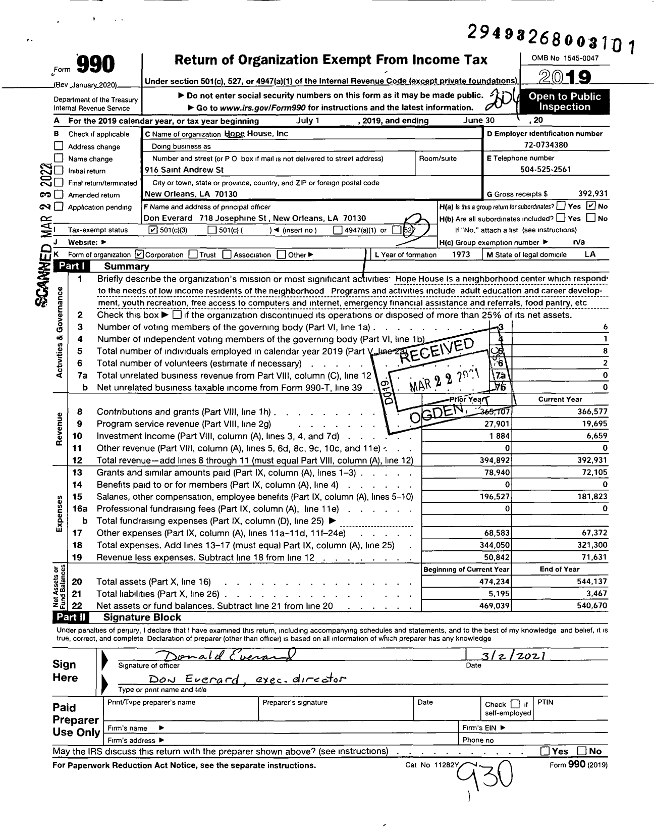 Image of first page of 2019 Form 990 for Hope House