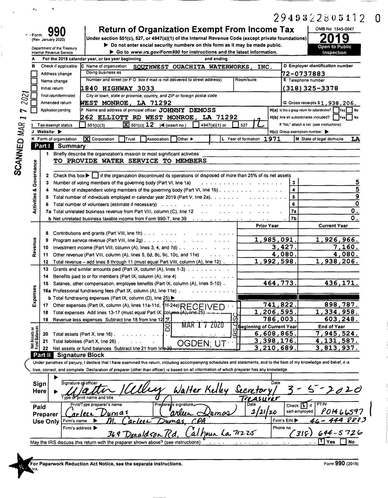 Image of first page of 2019 Form 990O for Southwest Ouachita Waterworks