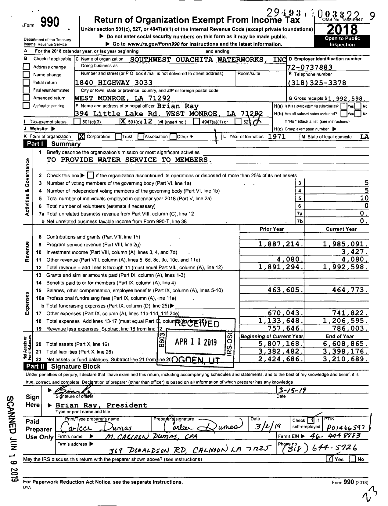 Image of first page of 2018 Form 990O for Southwest Ouachita Waterworks