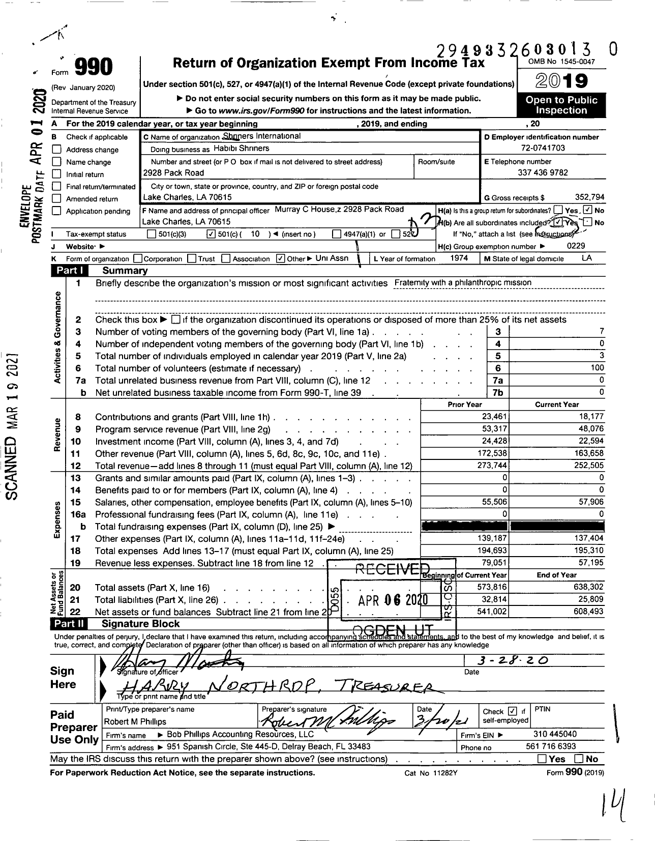 Image of first page of 2019 Form 990 for Shriners International / Habibi Shriners