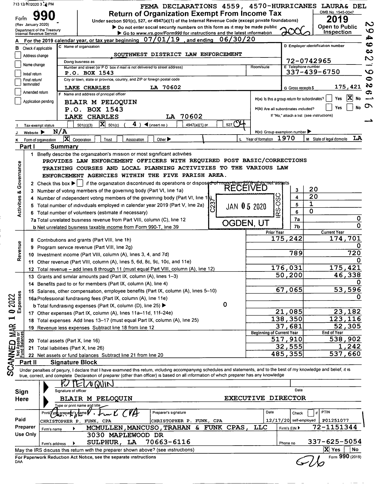 Image of first page of 2019 Form 990O for Southwest District Law Enforcement