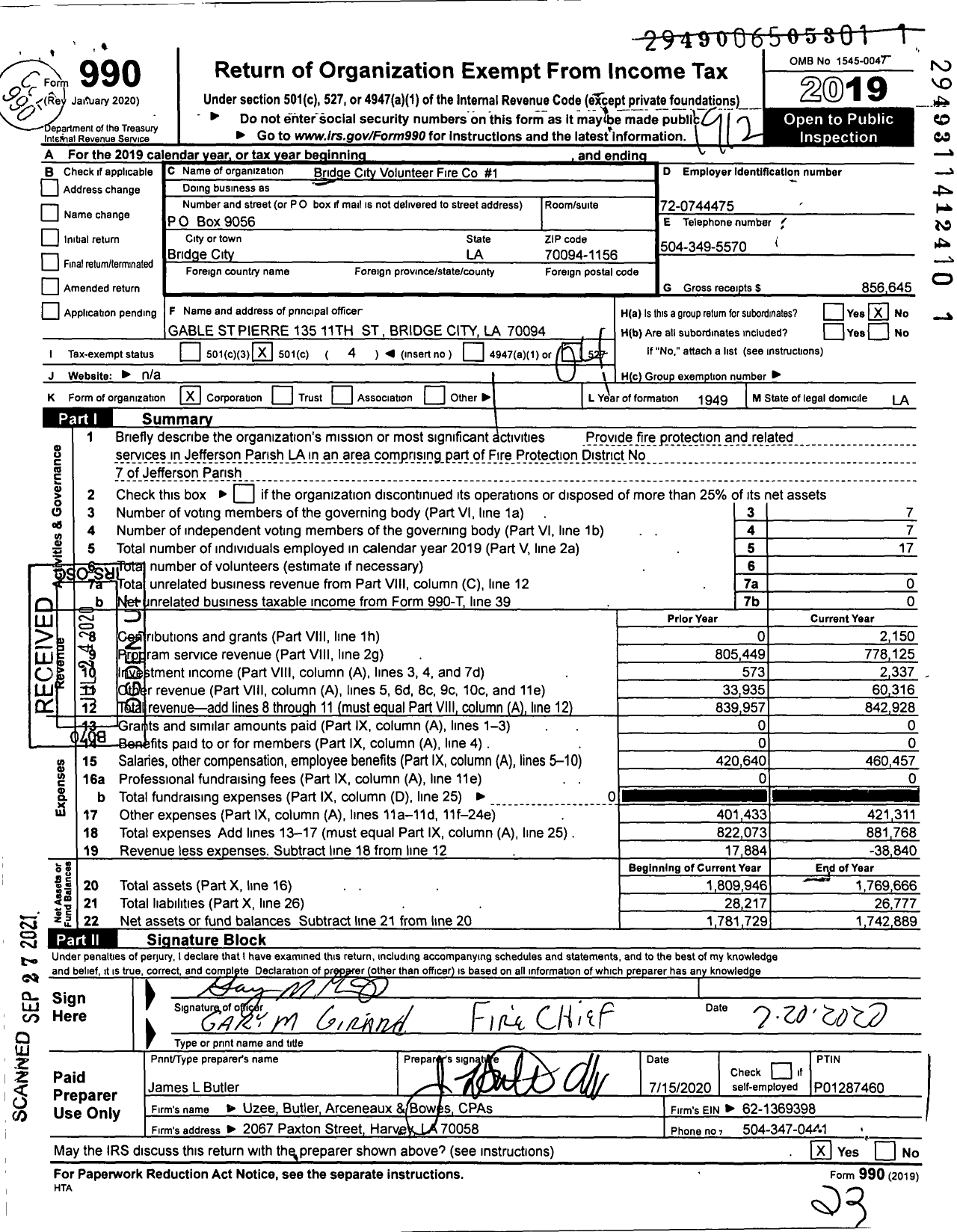 Image of first page of 2019 Form 990O for Bridge City Volunteer Fire Co #1