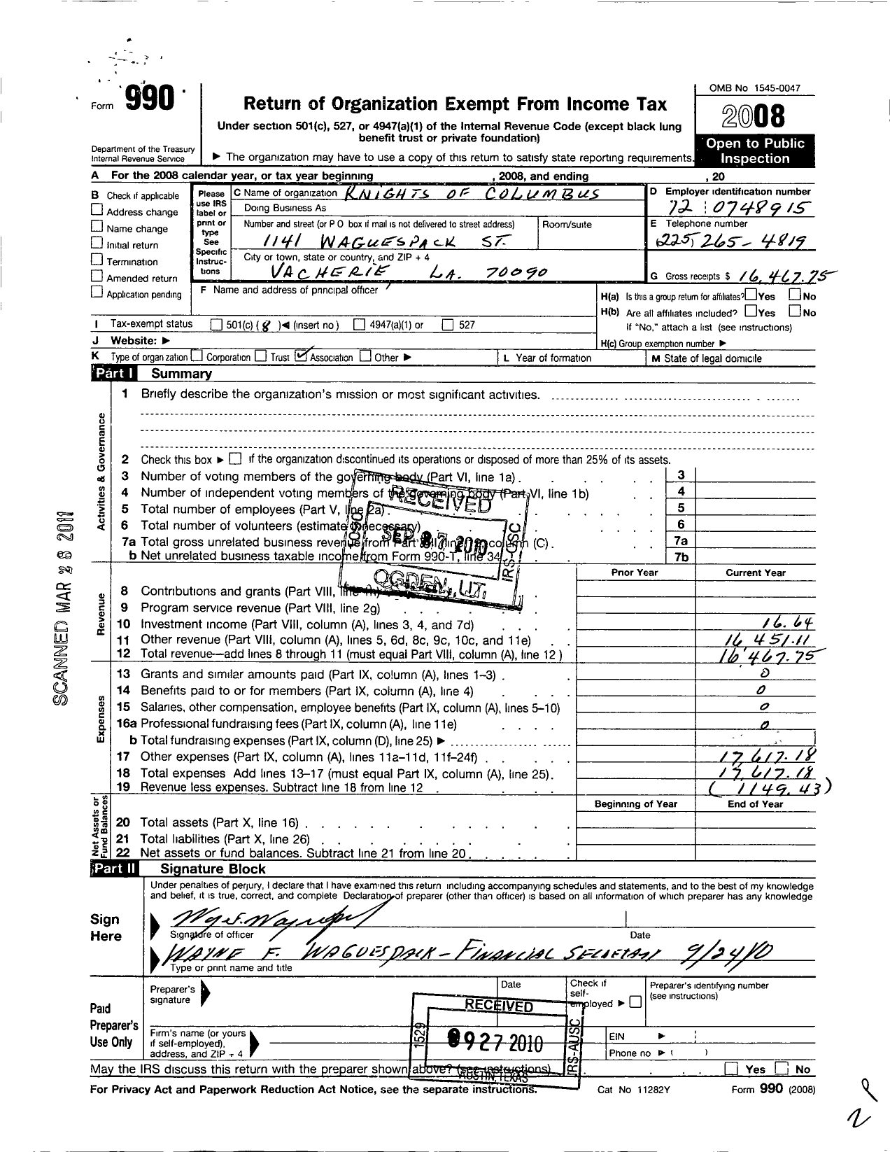 Image of first page of 2008 Form 990O for Knights of Columbus / 1514 St John the Baptist Council