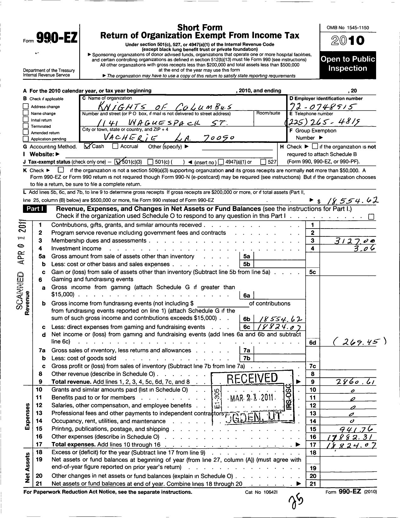 Image of first page of 2010 Form 990EZ for Knights of Columbus / 1514 St John the Baptist Council