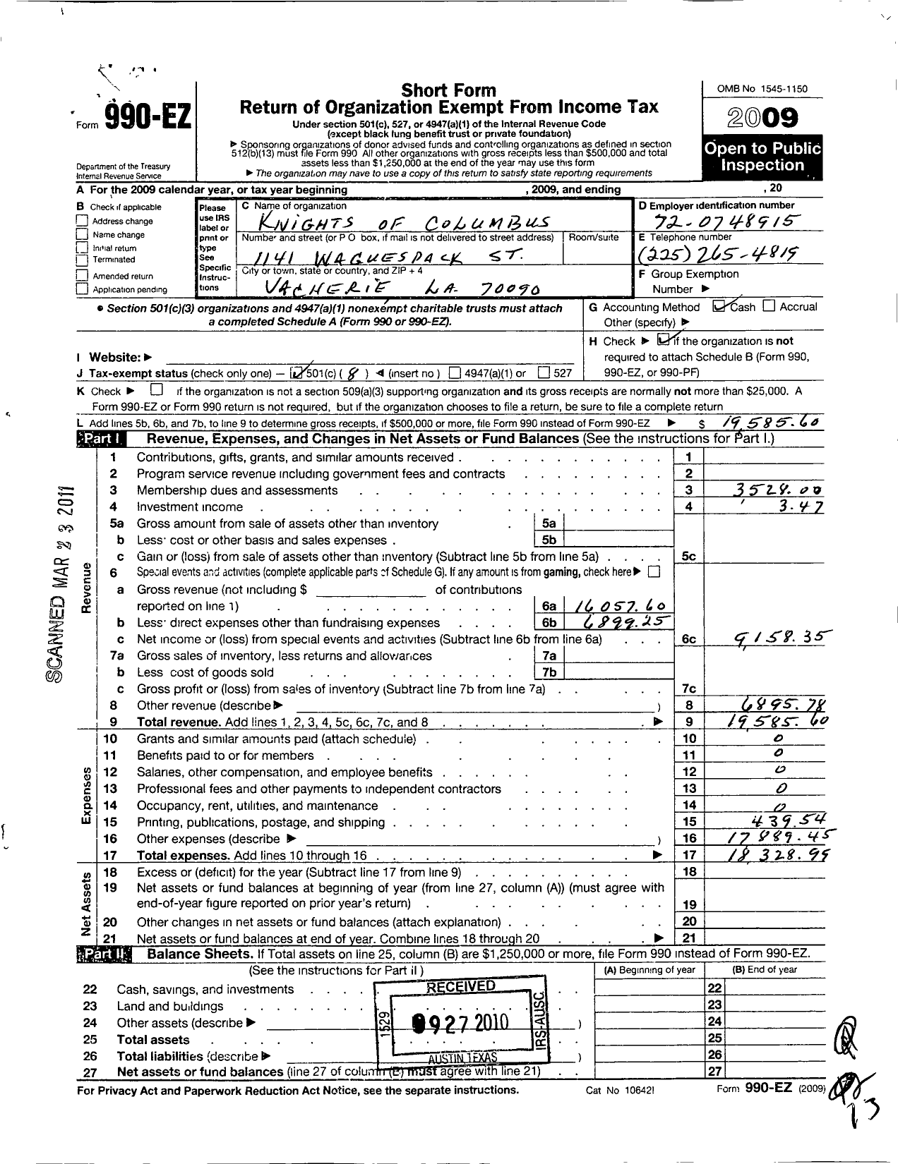 Image of first page of 2009 Form 990EO for Knights of Columbus / 1514 St John the Baptist Council