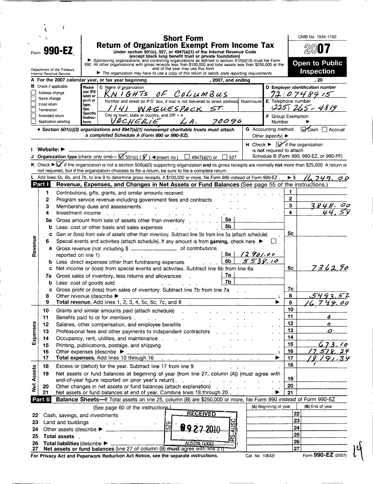 Image of first page of 2007 Form 990EO for Knights of Columbus / 1514 St John the Baptist Council