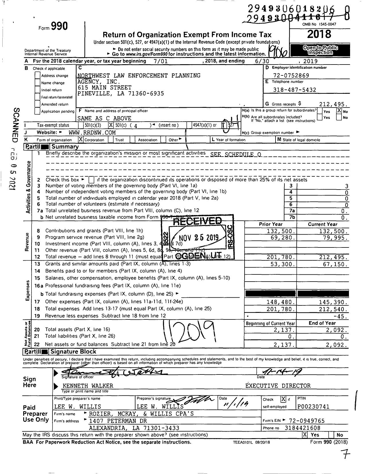 Image of first page of 2018 Form 990O for Northwest Law Enforcement Planning Agency