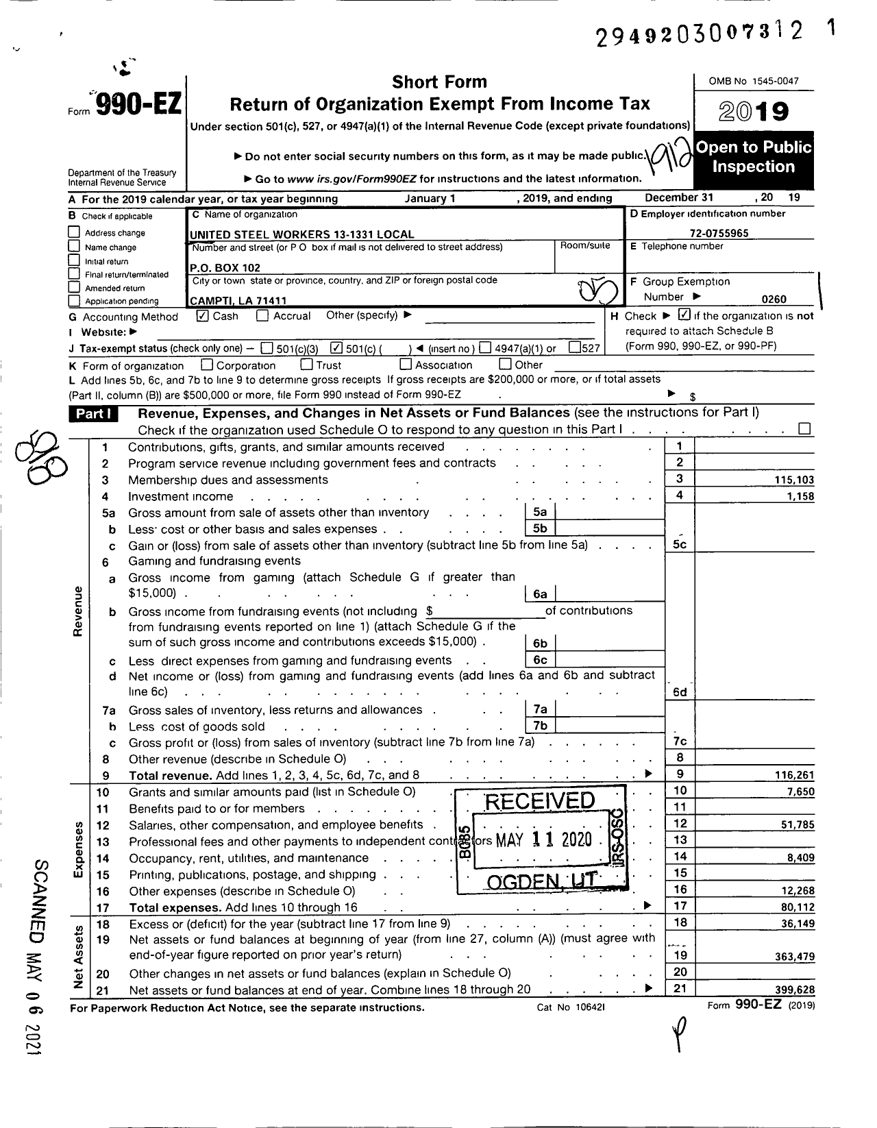 Image of first page of 2019 Form 990EO for United Steelworkers - 13-01331 Local