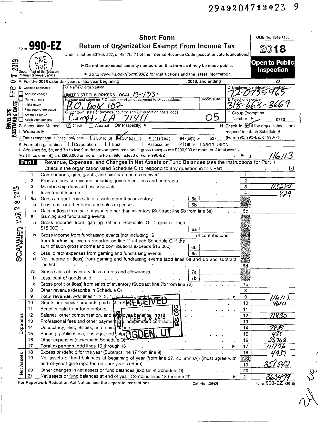 Image of first page of 2018 Form 990EO for United Steelworkers - 13-01331 Local