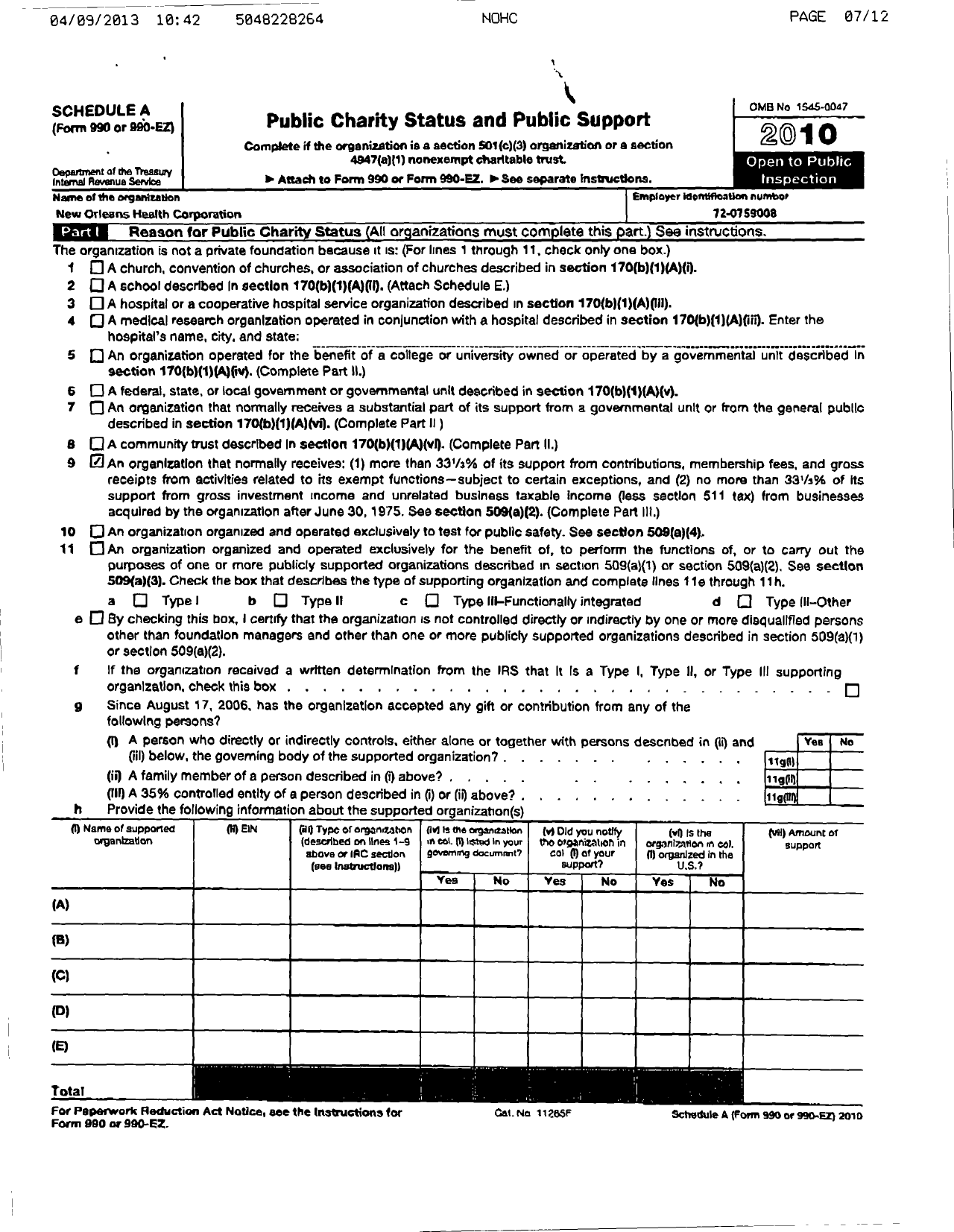 Image of first page of 2010 Form 990R for New Orleans Health Corporation