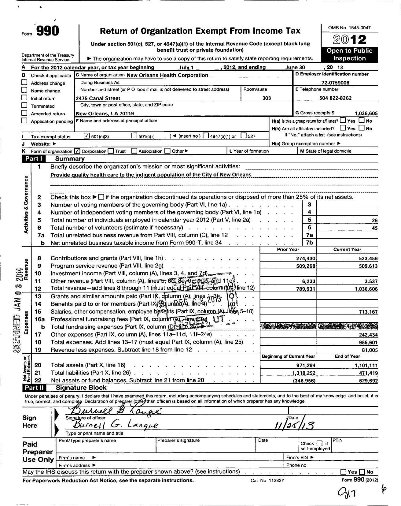 Image of first page of 2012 Form 990 for New Orleans Health Corporation