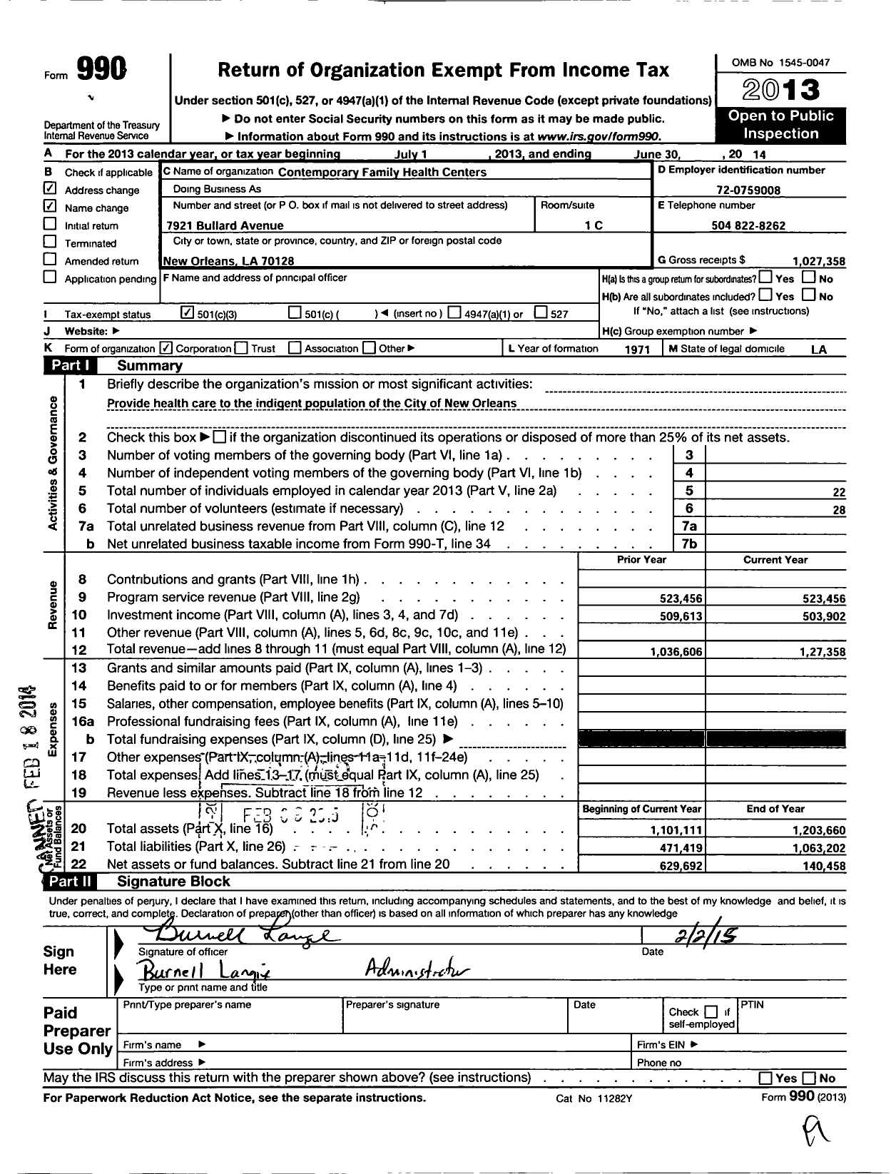 Image of first page of 2013 Form 990 for New Orleans Health Corporation